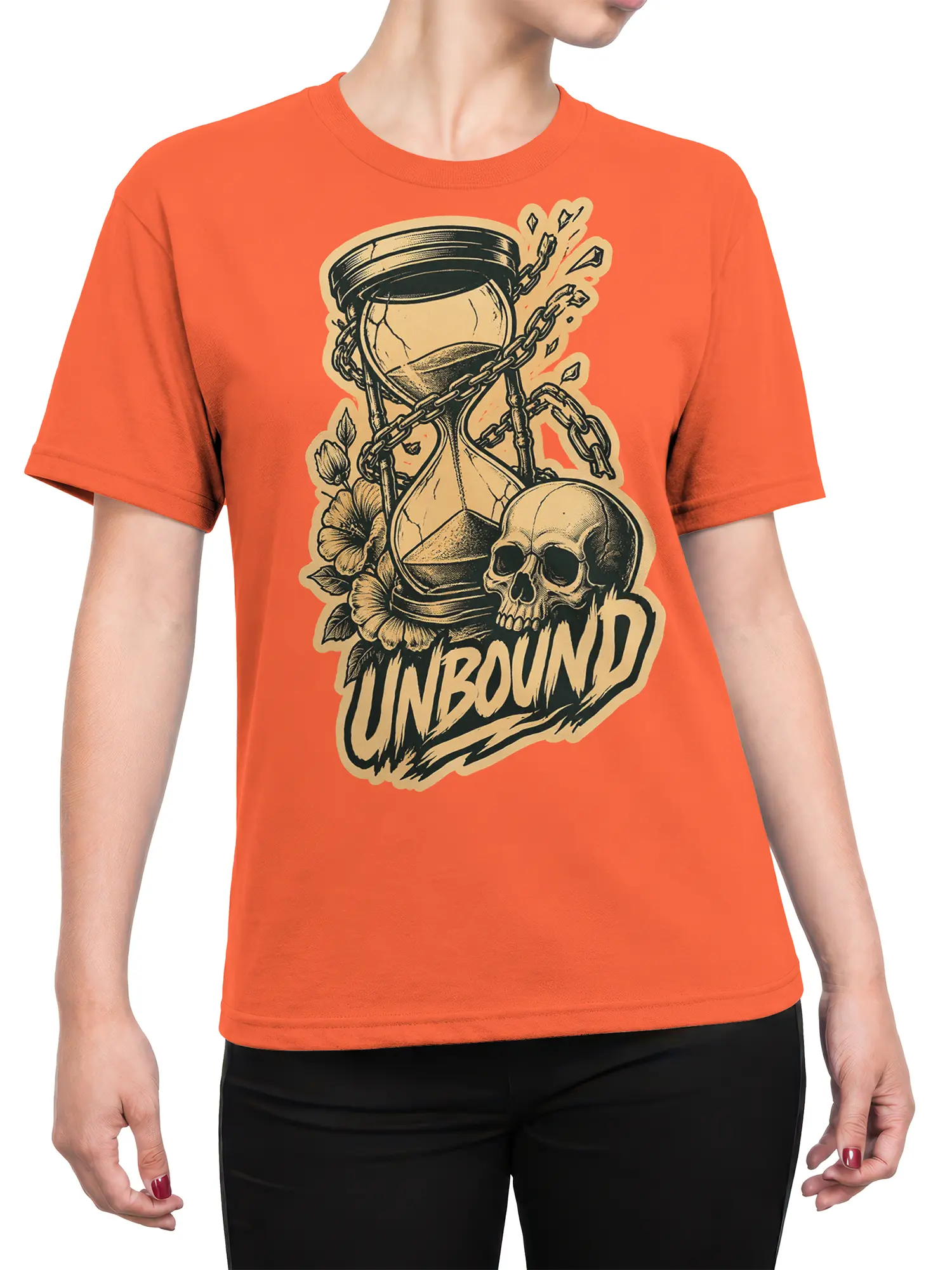 Female torso wearing an orange T-shirt with a chained hourglass skull and UNBOUND artwork