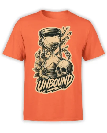 Orange T-shirt with a chained hourglass, skull, flowers, and bold UNBOUND vintage artwork