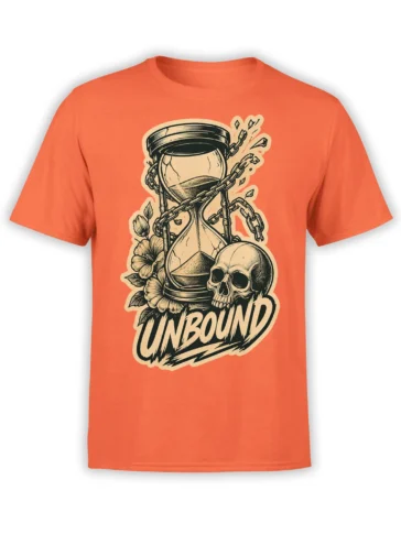 Orange T-shirt with a chained hourglass, skull, flowers, and bold UNBOUND vintage artwork