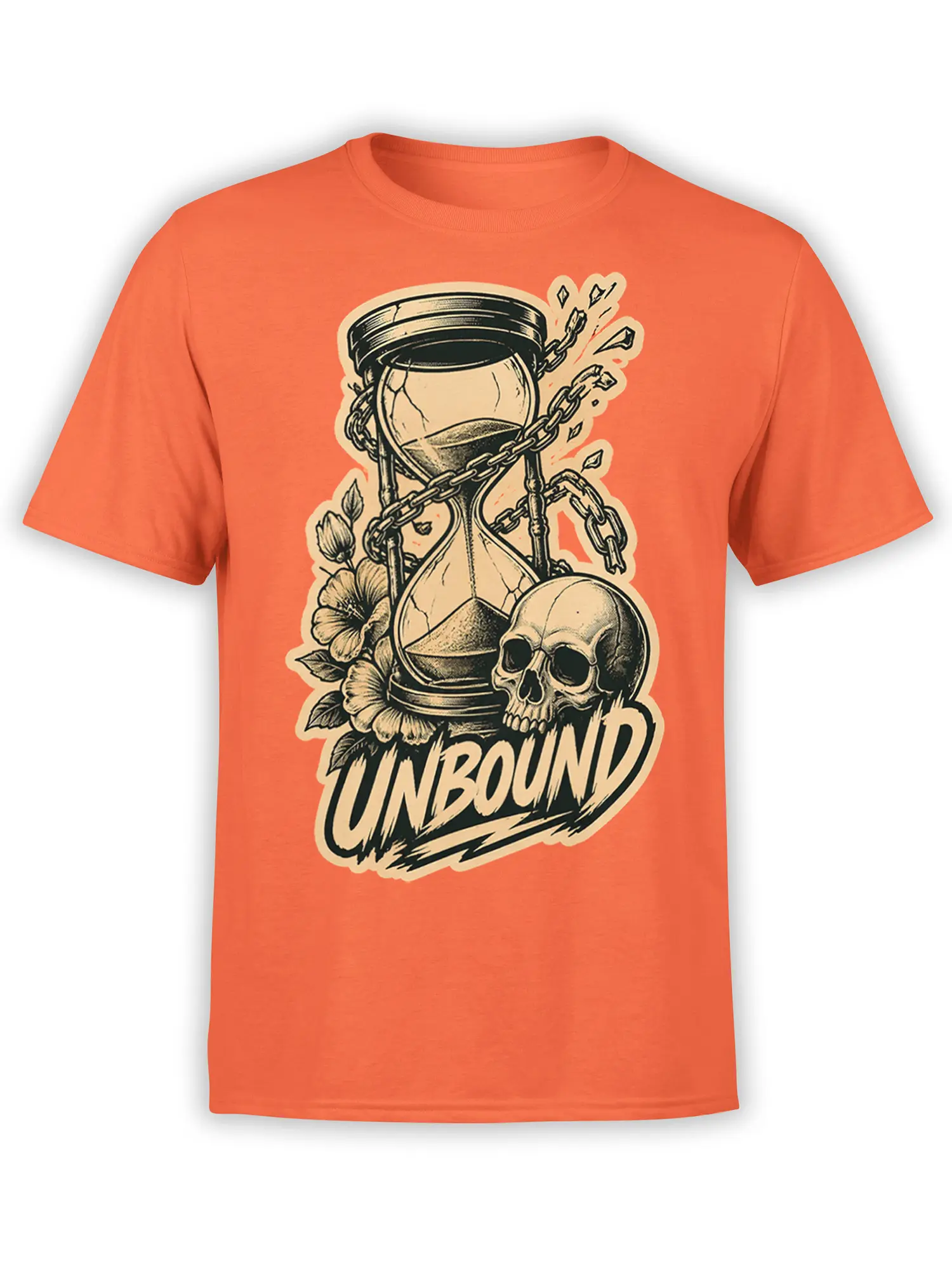 Orange T-shirt with a chained hourglass, skull, flowers, and bold UNBOUND vintage artwork