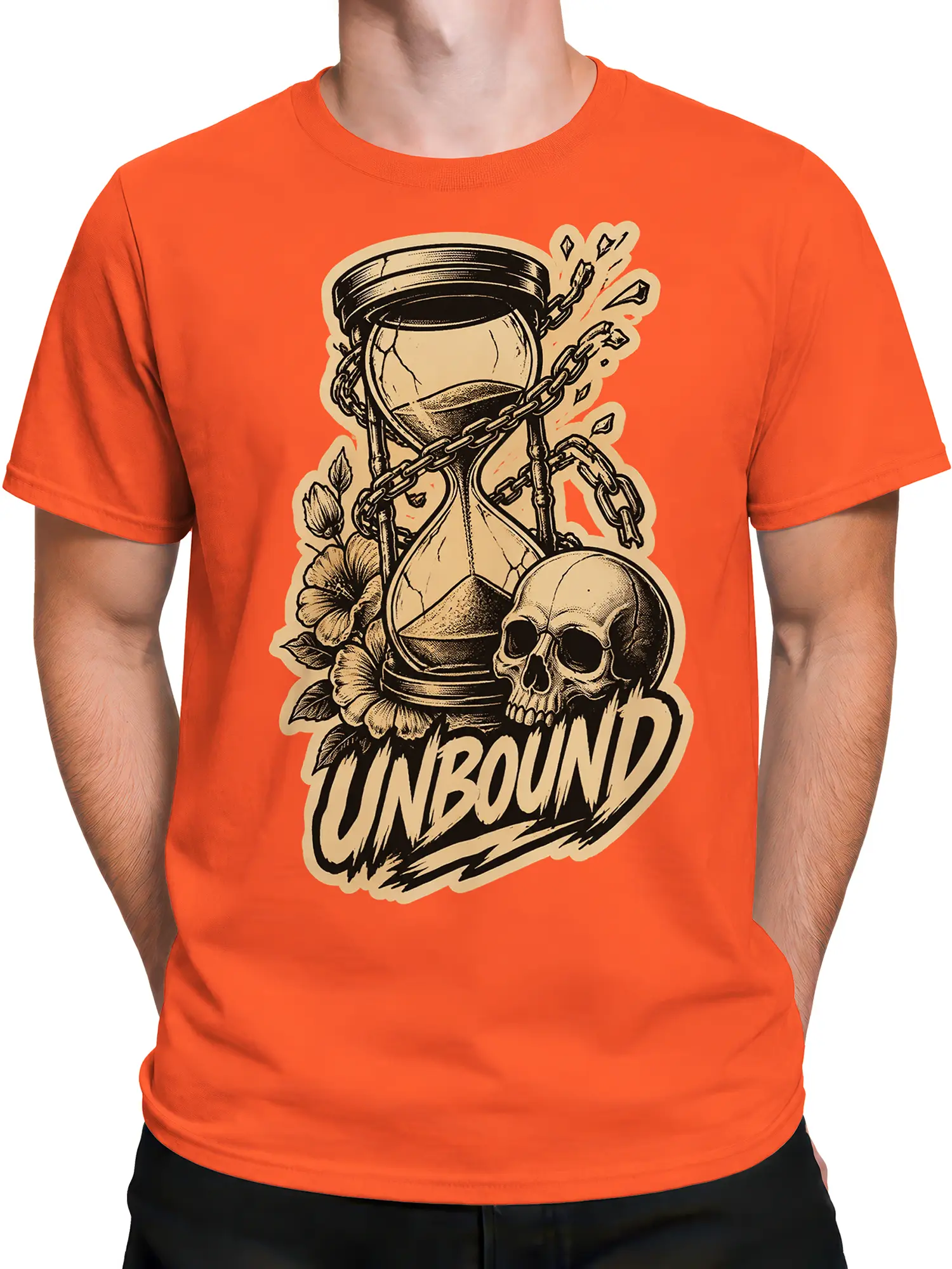Male torso wearing an orange T-shirt with vintage chained hourglass skull artwork