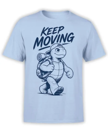 Light blue turtle T-shirt with backpacking character, cap, and bold “KEEP MOVING” design