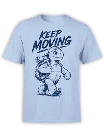 Light blue turtle T-shirt with backpacking character, cap, and bold “KEEP MOVING” design
