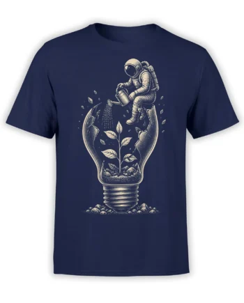 Front view of a navy astronaut T-shirt with a cream illustration of an astronaut watering a plant in a light bulb