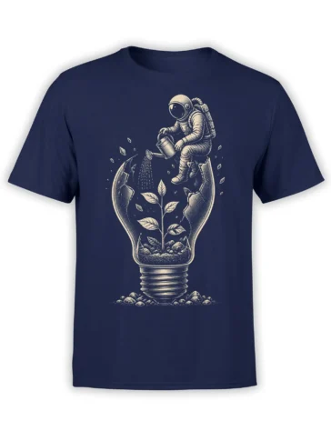 Front view of a navy astronaut T-shirt with a cream illustration of an astronaut watering a plant in a light bulb