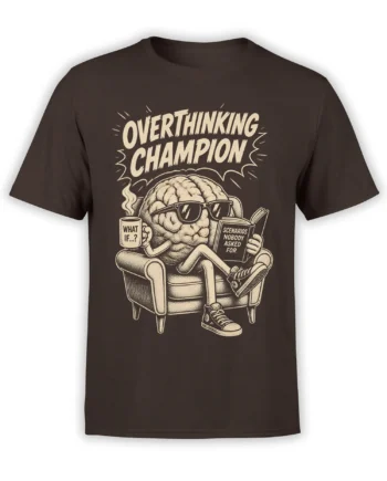 Dark brown T-shirt with a cream overthinking brain wearing sunglasses and reading in an armchair