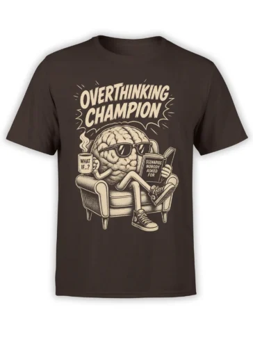 Dark brown T-shirt with a cream overthinking brain wearing sunglasses and reading in an armchair