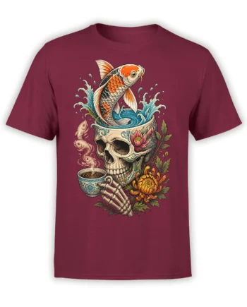 Gothic koi skull design with flowers, a tea cup, and water waves on a burgundy T-shirt