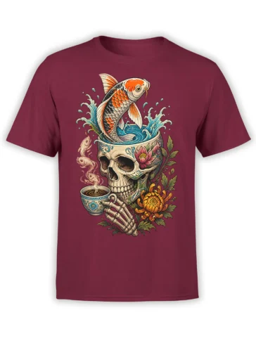 Gothic koi skull design with flowers, a tea cup, and water waves on a burgundy T-shirt