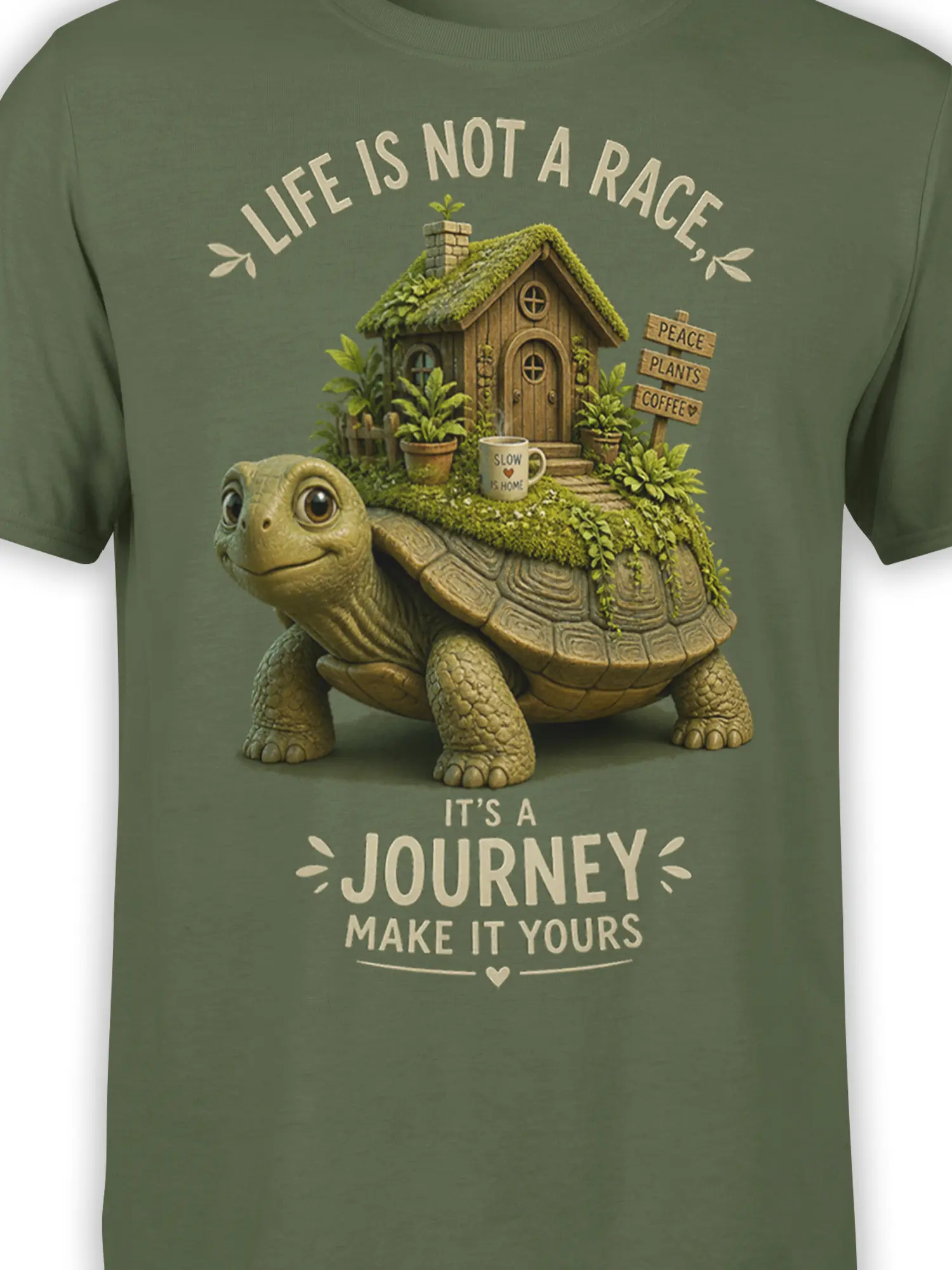 Close-up of the turtle cottage graphic with moss, potted plants, coffee mug, and peaceful lettering on green fabric