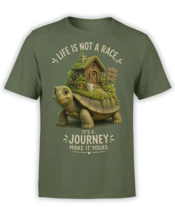 Green T-shirt with a turtle carrying a tiny cottage, plants, coffee, and the message Life Is Not a Race