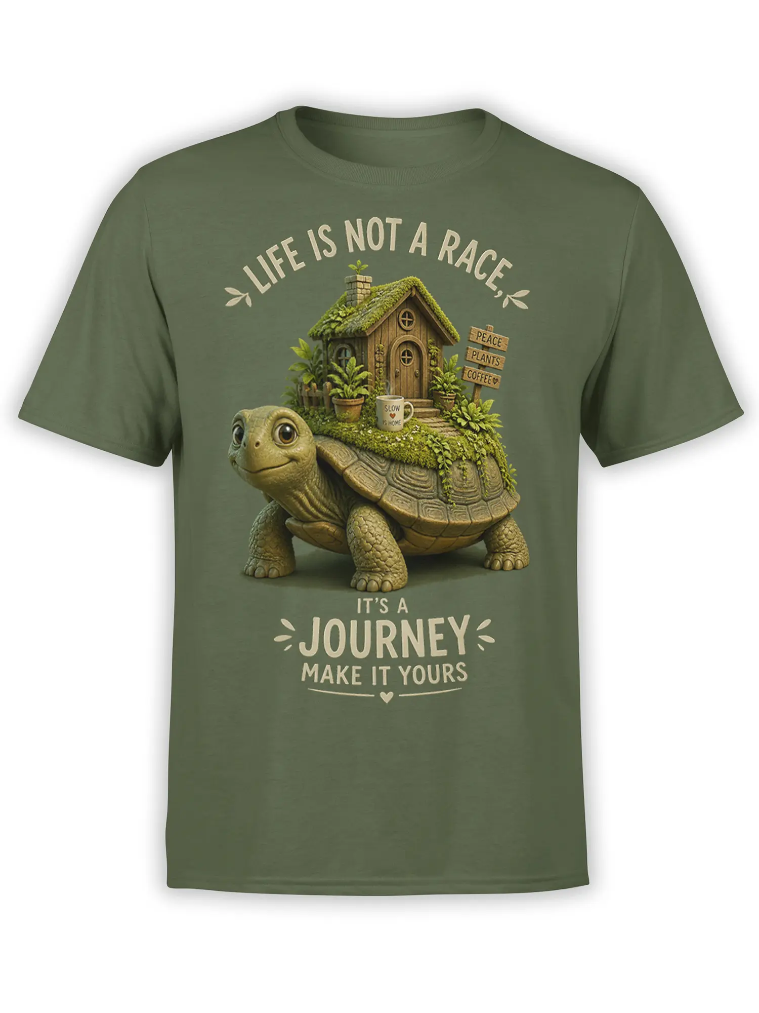 Green T-shirt with a turtle carrying a tiny cottage, plants, coffee, and the message Life Is Not a Race