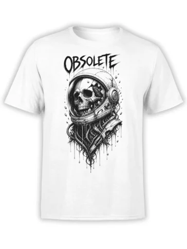 White T-shirt with a black-and-white skull astronaut design, cables, ink drips, and “OBSOLETE” text