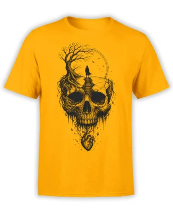 Yellow T-shirt featuring a detailed black skull with a twisted tree, cloaked figure, birds, and heart