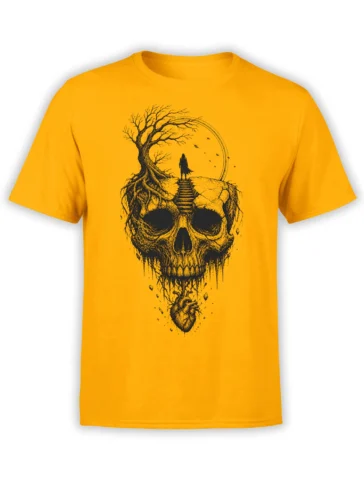 Yellow T-shirt featuring a detailed black skull with a twisted tree, cloaked figure, birds, and heart