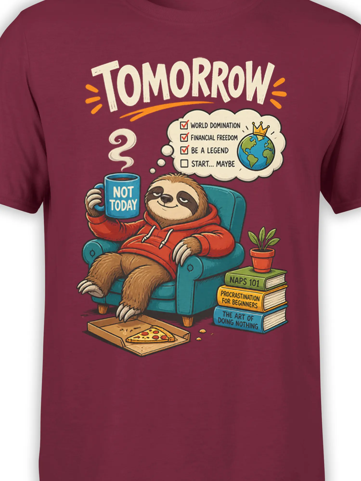 Close-up of the sloth graphic on a maroon t-shirt with a coffee mug, pizza, books, and world domination checklist
