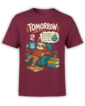 Maroon sloth t-shirt featuring a lounging sloth, “Not Today” coffee mug, pizza, books, and a tomorrow checklist