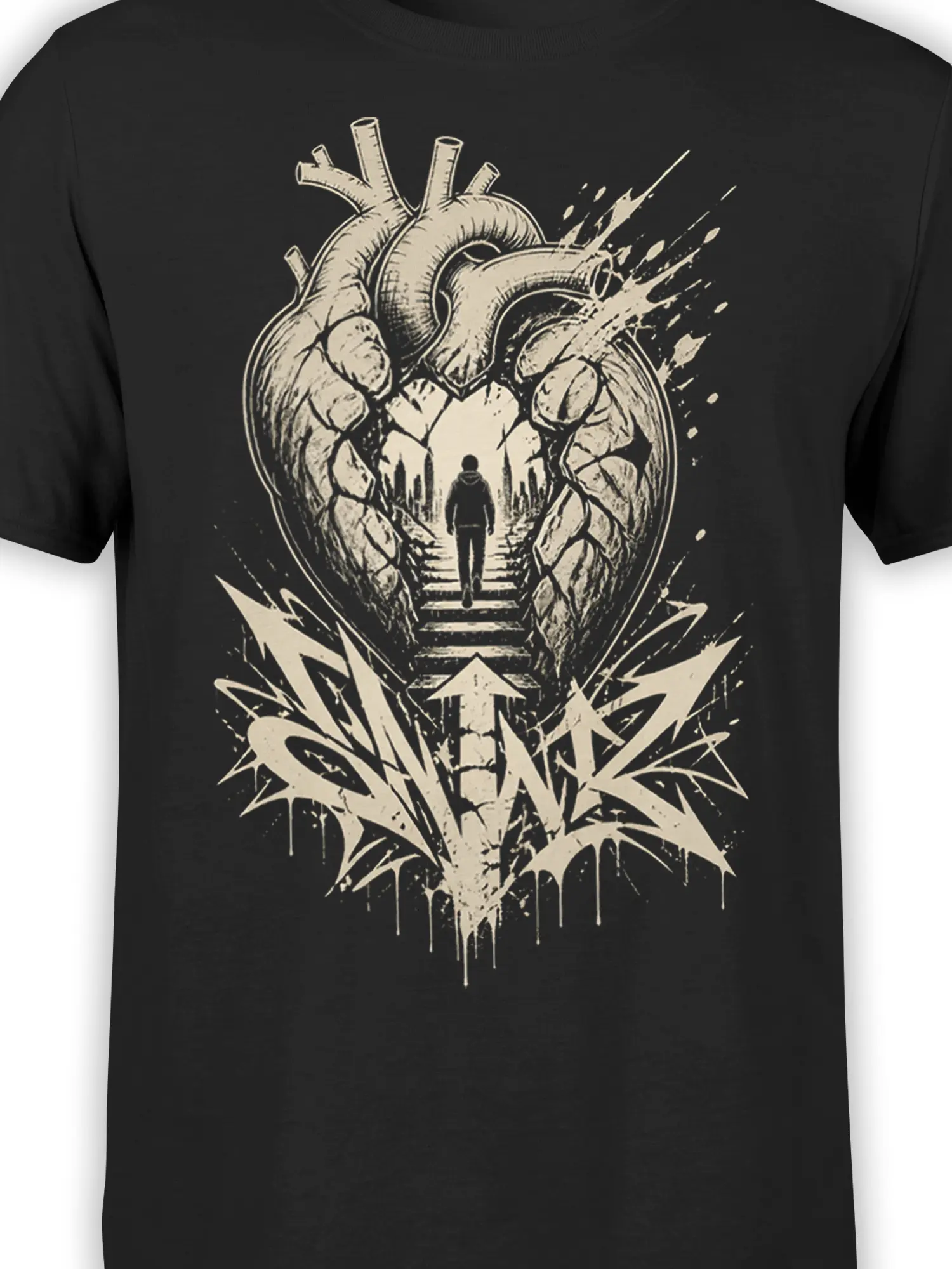 Close-up of the anatomical heart graphic and lone figure walking through the staircase on a black T-shirt