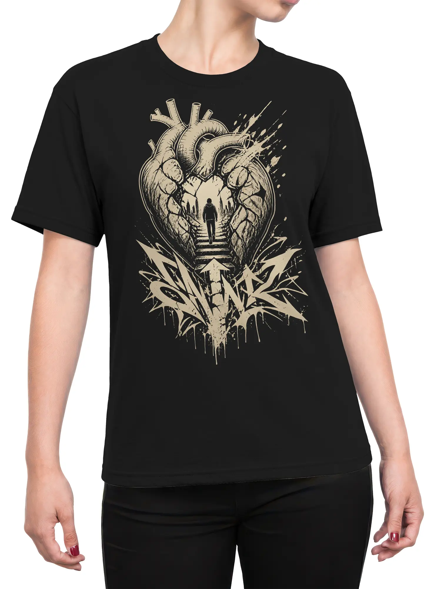 Female torso wearing a black anatomical heart T-shirt with a staircase and walking figure graphic