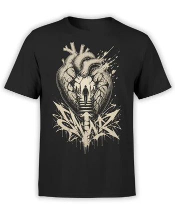Black T-shirt with an anatomical heart graphic, lone walking figure, staircase, and distressed cream artwork
