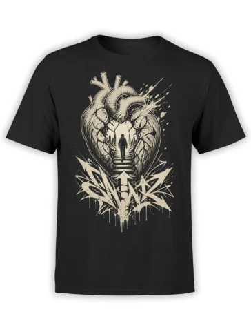 Black T-shirt with an anatomical heart graphic, lone walking figure, staircase, and distressed cream artwork