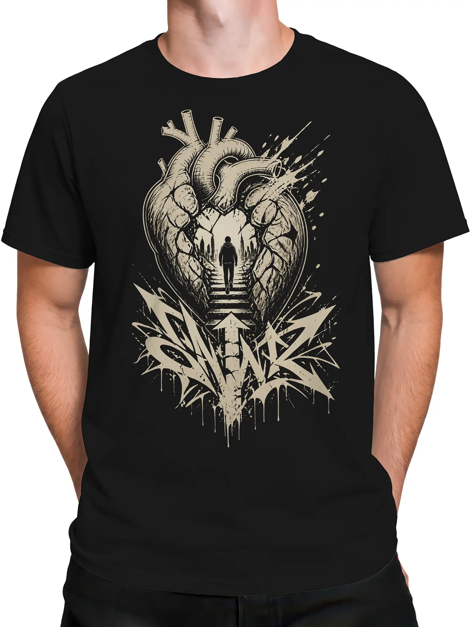 Male torso wearing a black anatomical heart T-shirt with a lone figure and staircase design