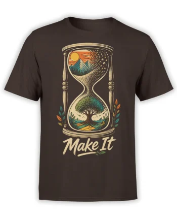 Brown T-shirt with a vintage hourglass design showing mountains, a sunset, a growing tree, and “Make It” lettering