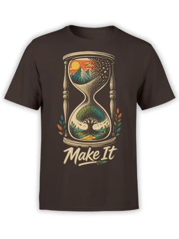 Brown T-shirt with a vintage hourglass design showing mountains, a sunset, a growing tree, and “Make It” lettering