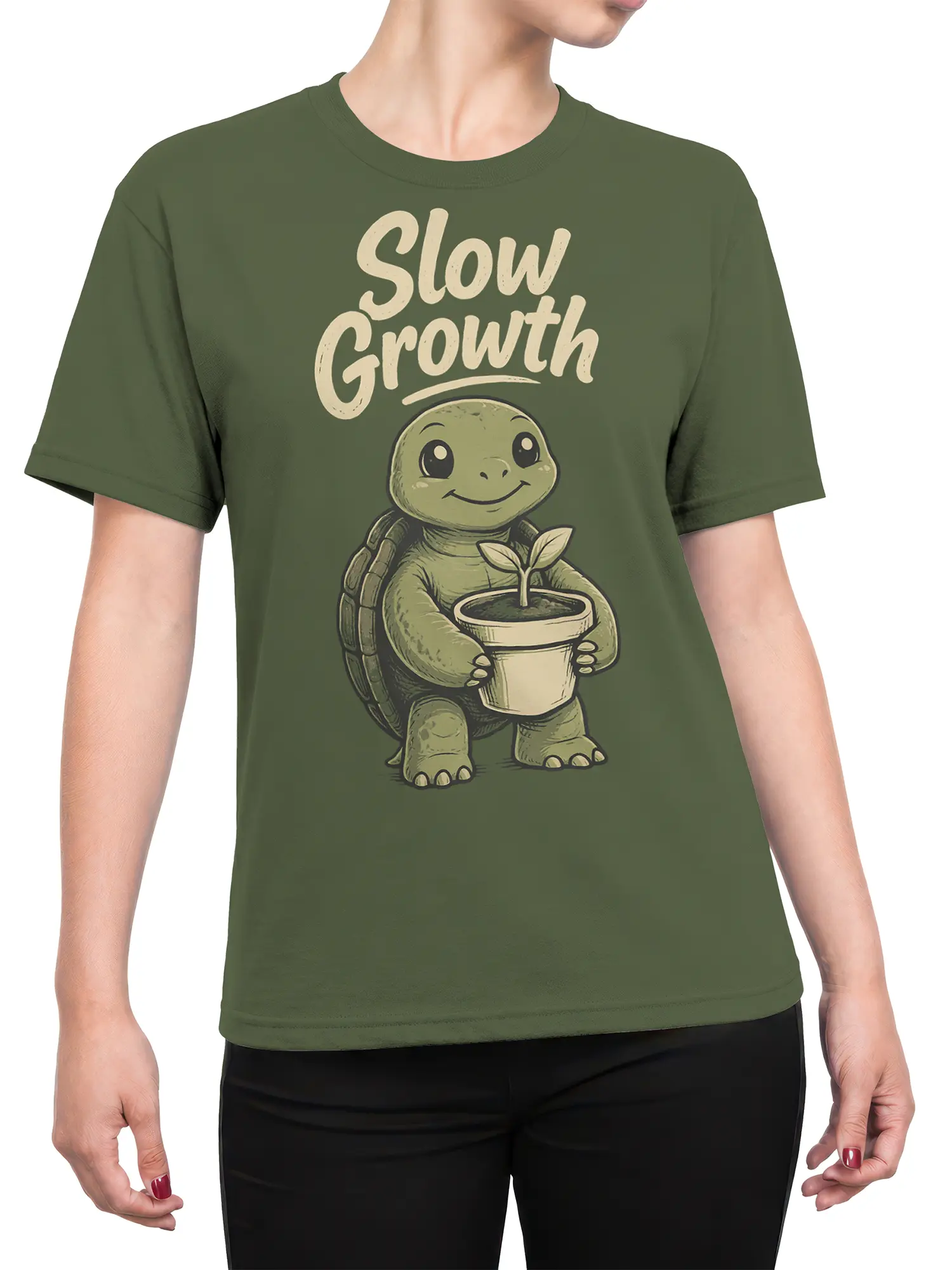 Female torso wearing a green turtle T-shirt with a potted sprout and “Slow Growth” design