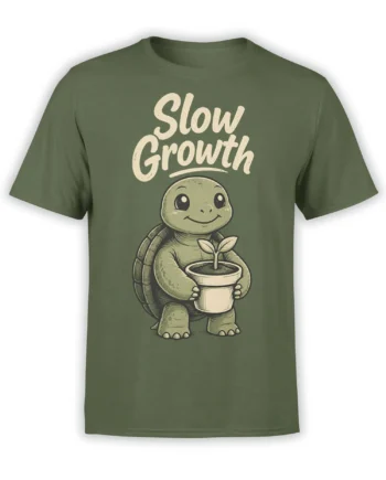 Green turtle T-shirt with a smiling turtle holding a potted sprout beneath “Slow Growth” lettering