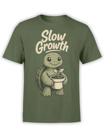 Green turtle T-shirt with a smiling turtle holding a potted sprout beneath “Slow Growth” lettering