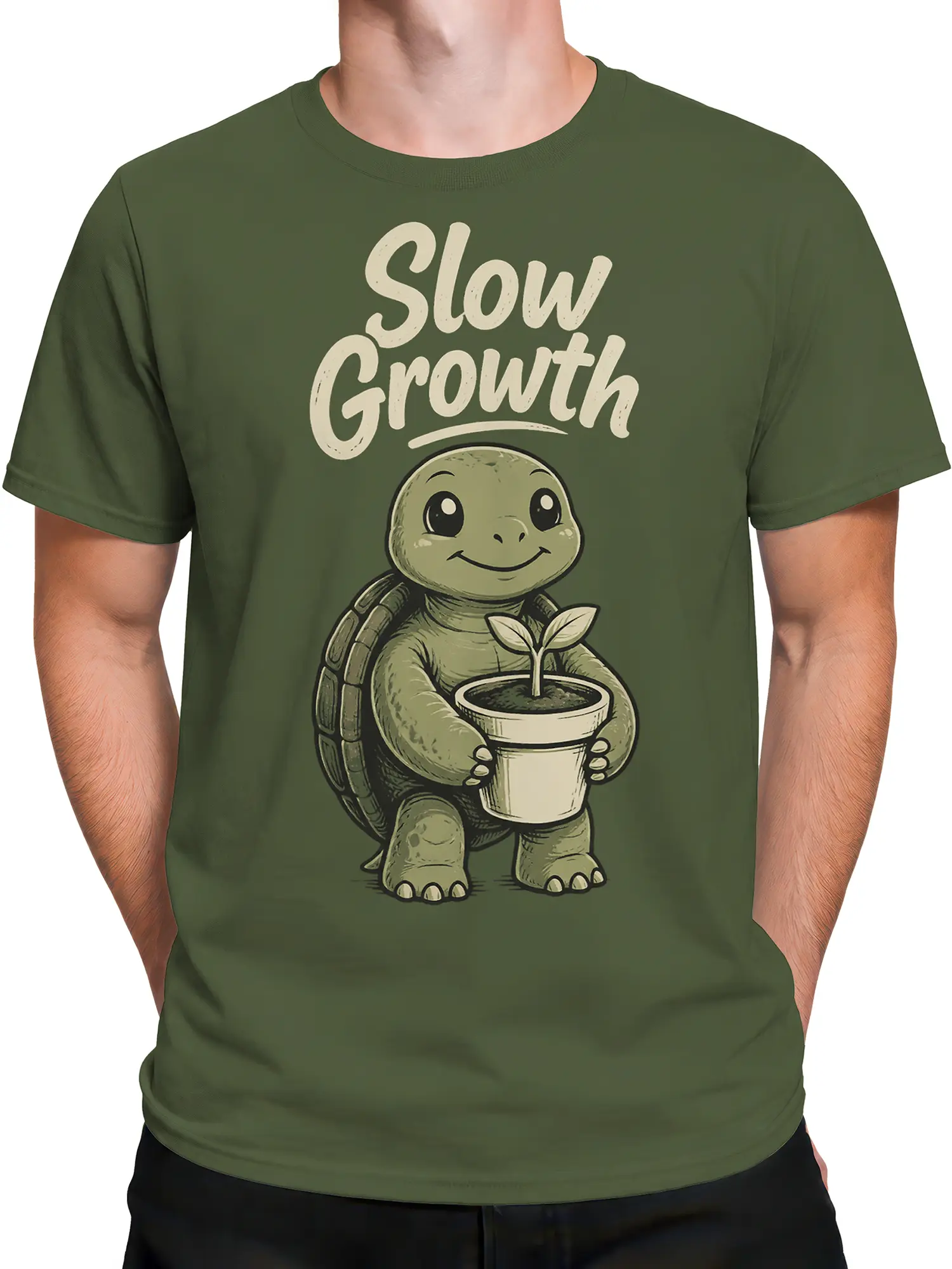 Male torso wearing a green turtle T-shirt with a potted sprout and “Slow Growth” design