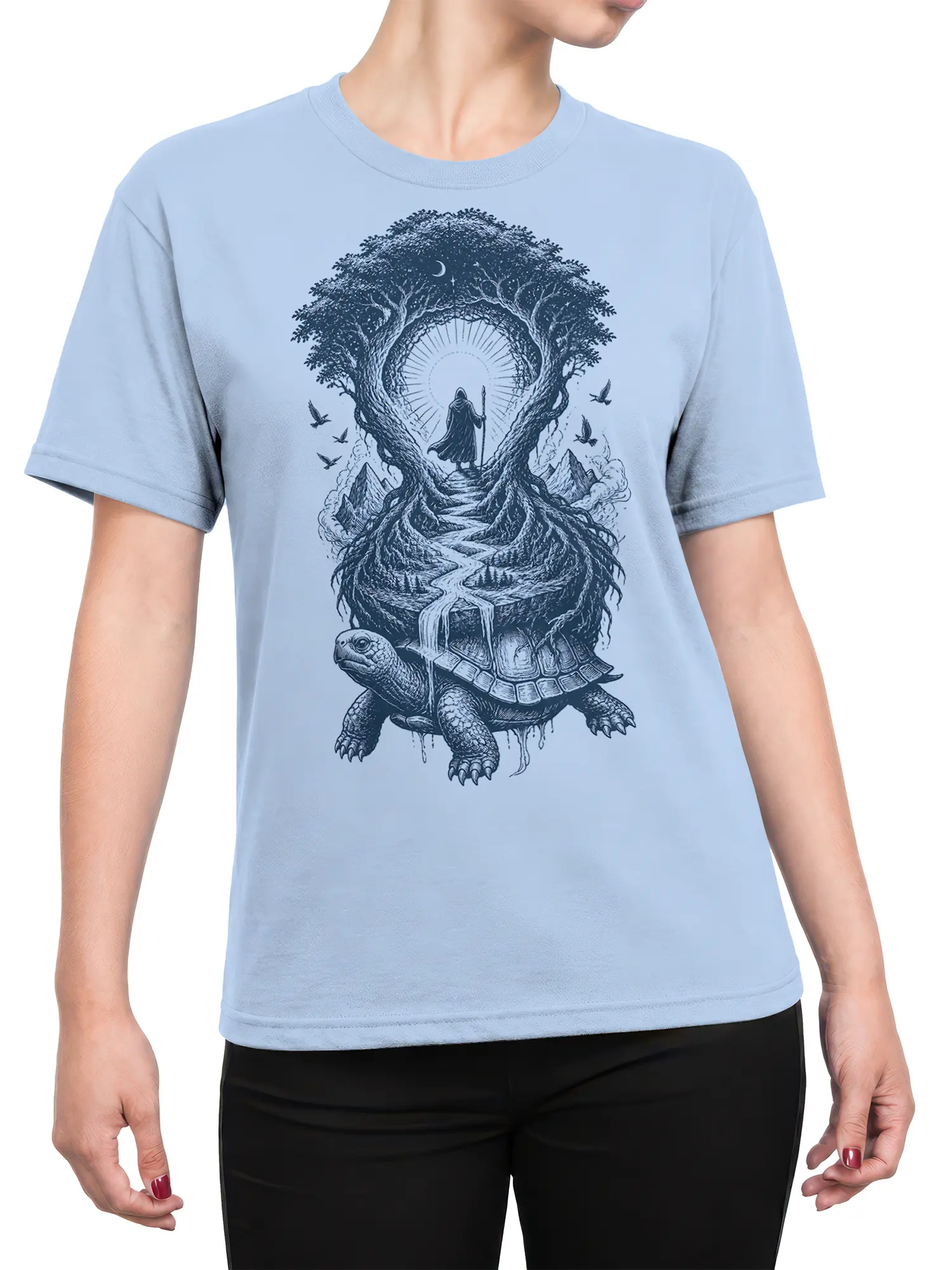 Female torso wearing a light blue turtle T-shirt with a detailed moonlit mountain landscape design