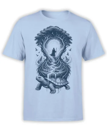 Light blue turtle T-shirt with a moonlit forest, mountains, waterfall, birds, and cloaked traveler illustration