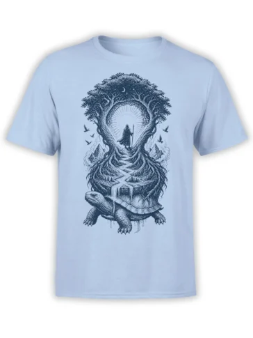 Light blue turtle T-shirt with a moonlit forest, mountains, waterfall, birds, and cloaked traveler illustration