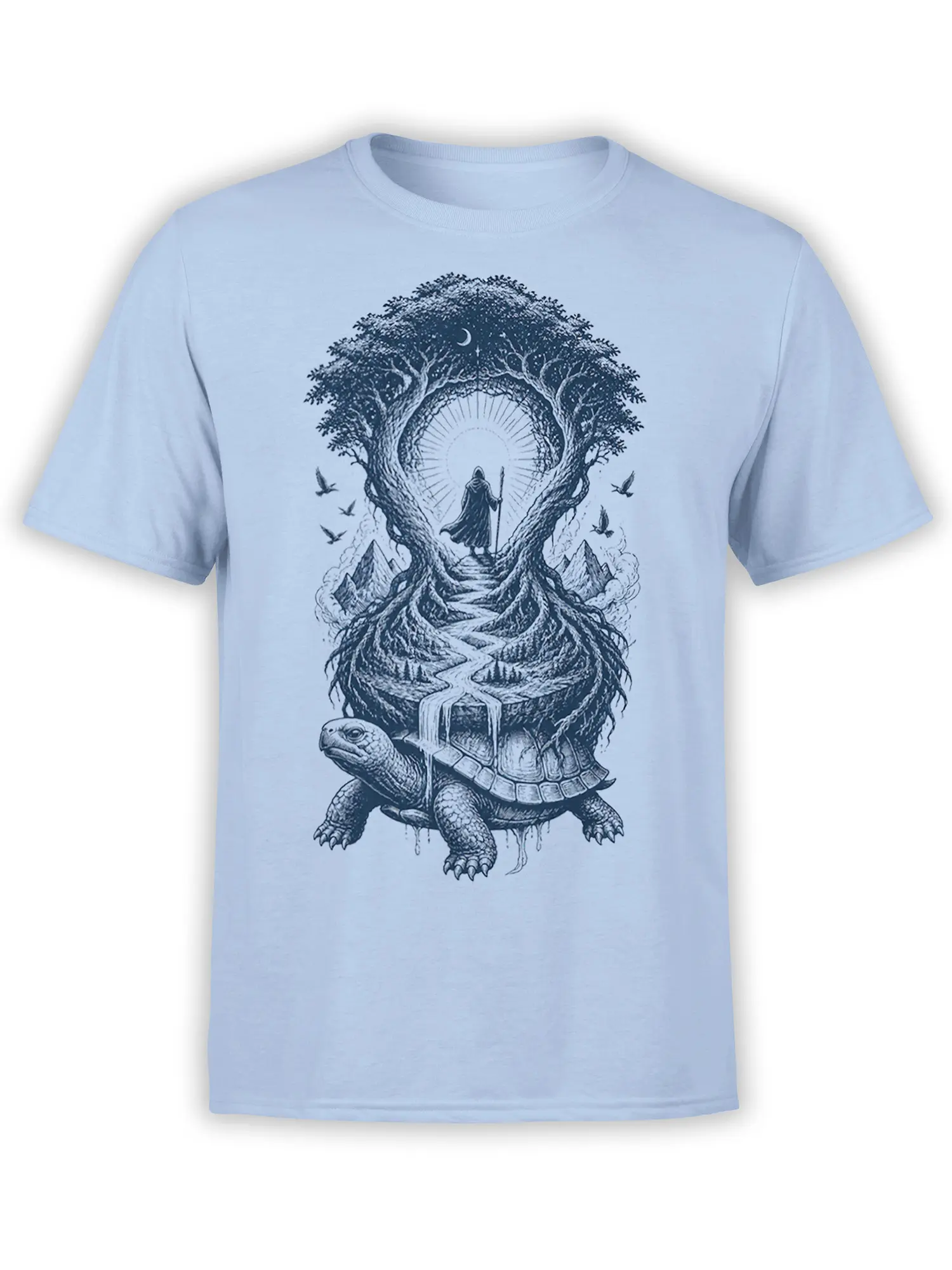 Light blue turtle T-shirt with a moonlit forest, mountains, waterfall, birds, and cloaked traveler illustration