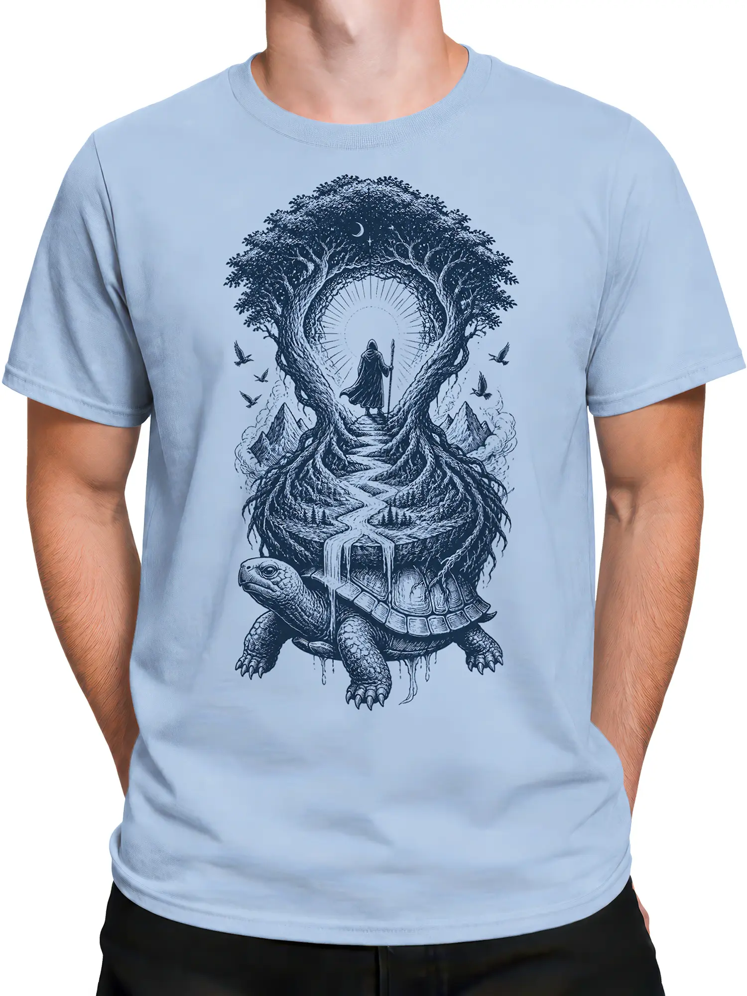 Male torso wearing a light blue fantasy turtle T-shirt with a moonlit wilderness illustration