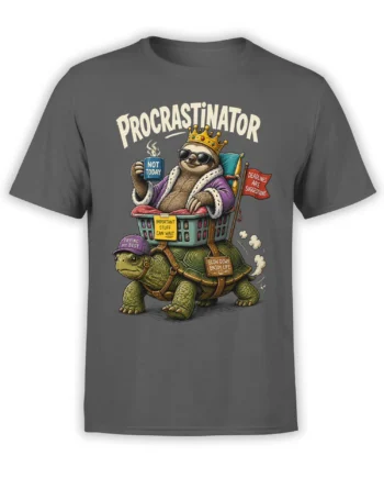 Gray sloth t-shirt with crowned sloth in sunglasses riding a turtle beneath a procrastinator slogan