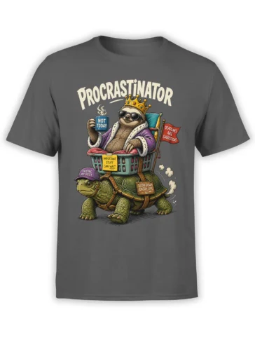 Gray sloth t-shirt with crowned sloth in sunglasses riding a turtle beneath a procrastinator slogan