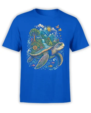 Colorful sea turtle carrying mountains, a waterfall, trees, birds, and fish on a blue T-shirt