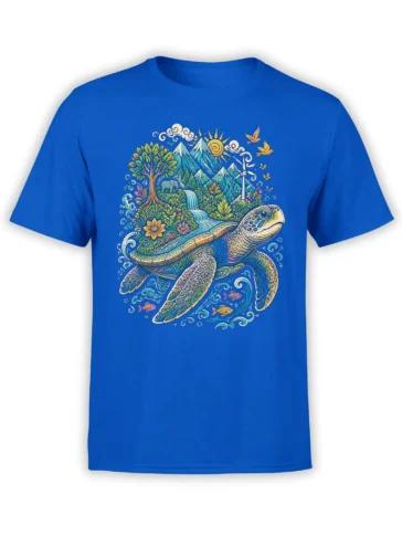 Colorful sea turtle carrying mountains, a waterfall, trees, birds, and fish on a blue T-shirt