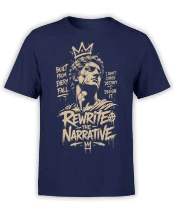 Front view of navy T-shirt with crowned classical portrait and cream “Rewrite the Narrative” lettering