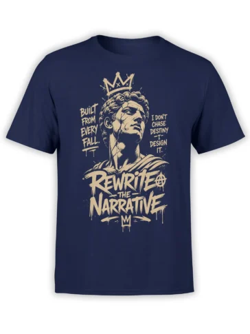 Front view of navy T-shirt with crowned classical portrait and cream “Rewrite the Narrative” lettering