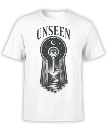 White T-shirt with black-and-white unseen gateway design, all-seeing eye, crescent moon, stars, and key