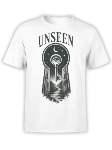White T-shirt with black-and-white unseen gateway design, all-seeing eye, crescent moon, stars, and key