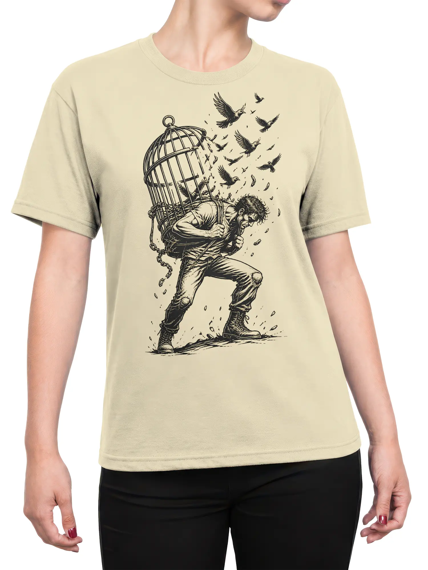 Female torso wearing a beige bird graphic tee with a figure breaking free from a cage and birds flying overhead