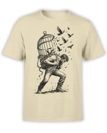 Beige bird T-shirt with a determined figure breaking through a cage as birds fly into the open air