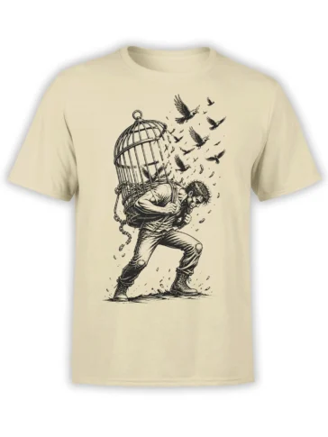 Beige bird T-shirt with a determined figure breaking through a cage as birds fly into the open air