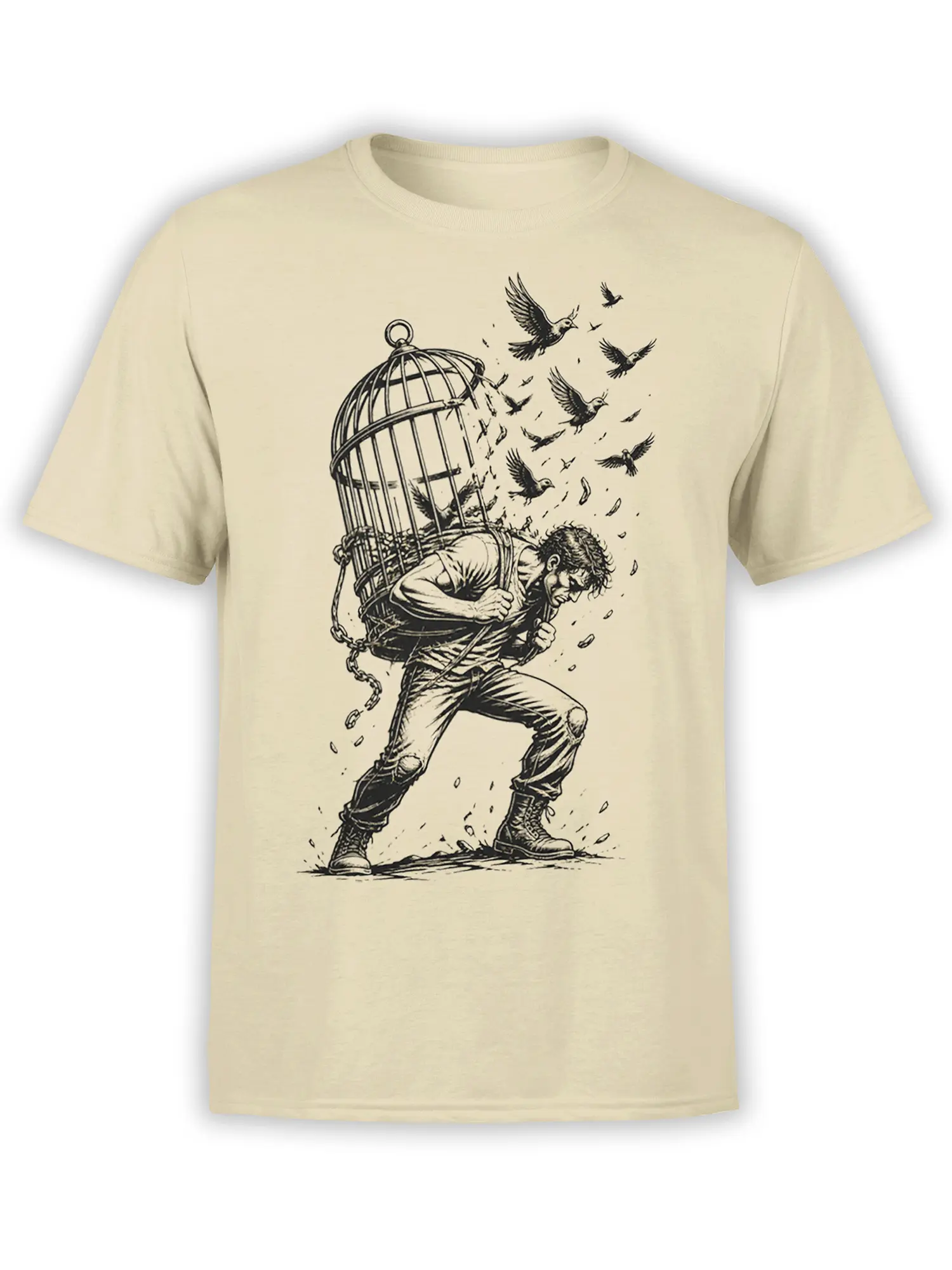 Beige bird T-shirt with a determined figure breaking through a cage as birds fly into the open air