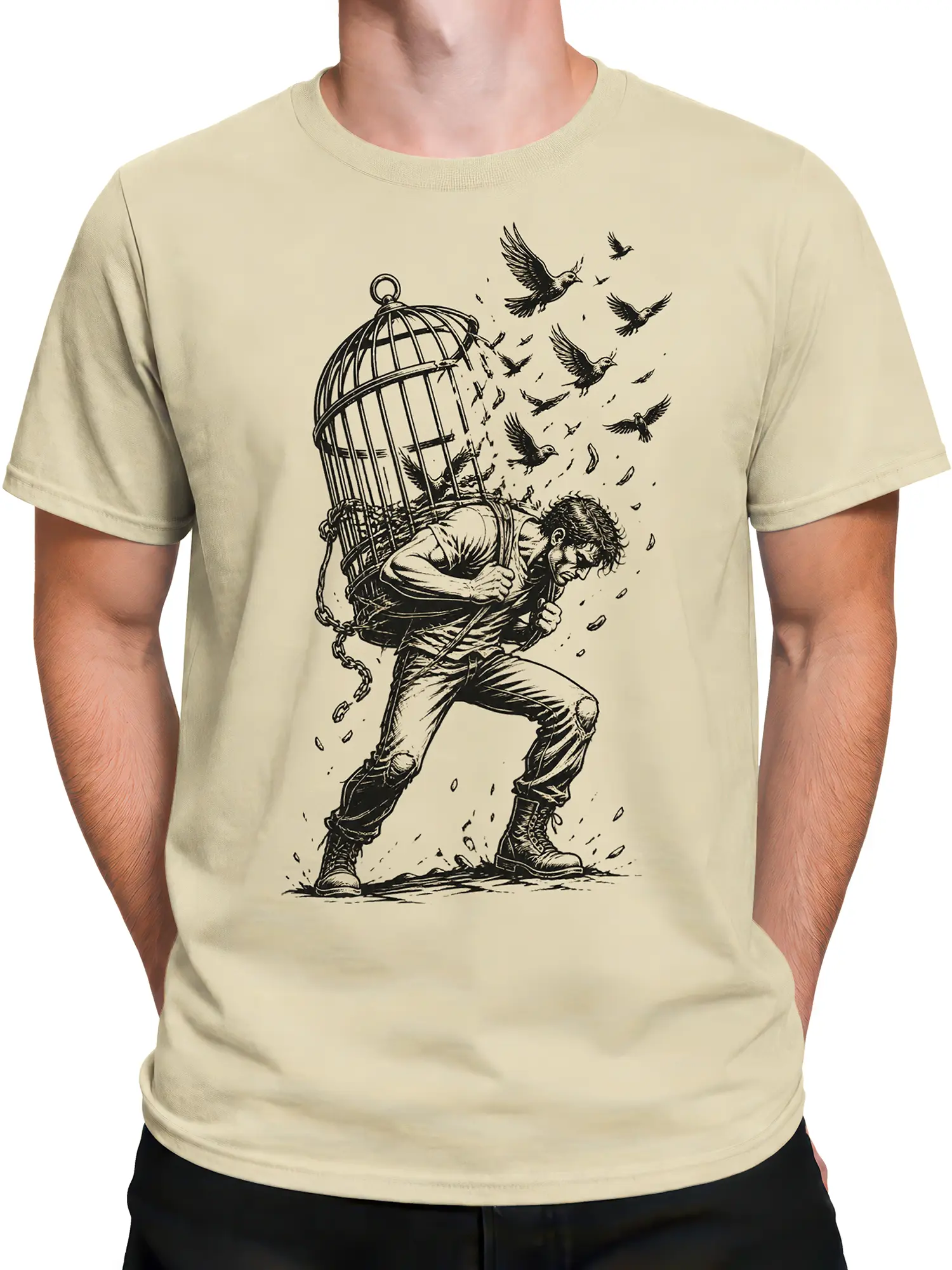 Male torso wearing a beige bird graphic tee with a dramatic cage escape and flying birds design